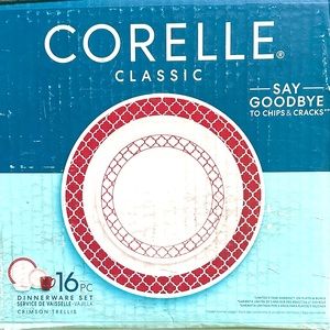 Corelle Crimson Trellis Chip and Break Resistant Dinner Set, Glass, Red, Set